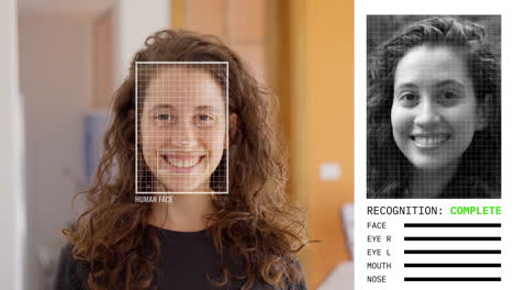 el algoritmo de inteligencia artificial y el aprendizaje automático reconocen el rostro humano de una mujer joven. proceso de identificación utilizando expresiones faciales y características detectando el rostro y la identidad de la persona utilizando tecnología