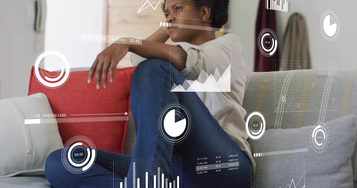Woman sitting on sofa, analyzing tech data with animated charts and timers appearing around her