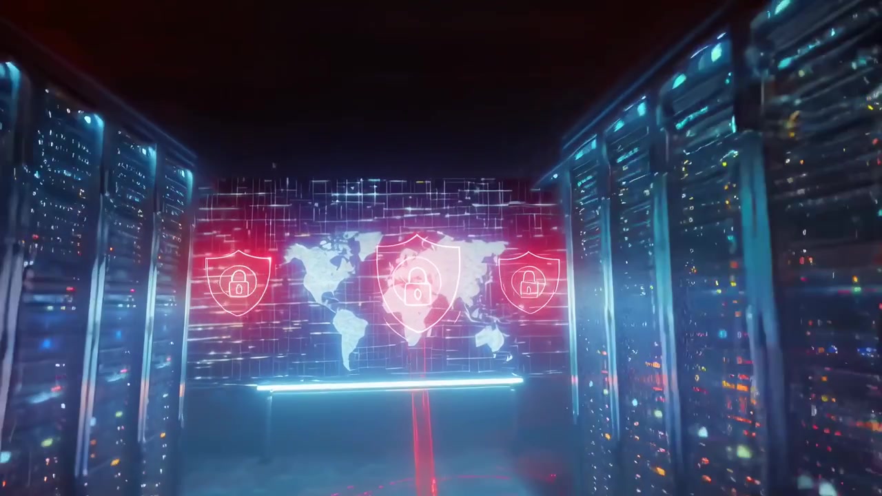 Digital Data Flow and Global Network Security in a Server Room