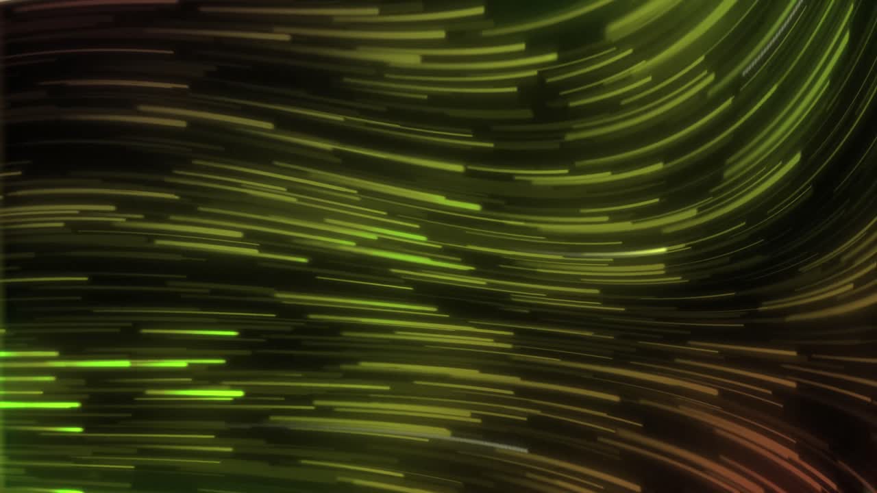 Animazione di scie luminose al neon verdi e arancioni su sfondo nero