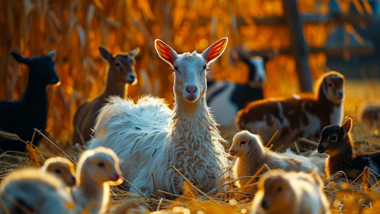 Goat family relaxing in a sunny farmyard. A white goat and its playful kids enjoy the warm sunlight in a straw-filled farmyard during late afternoon