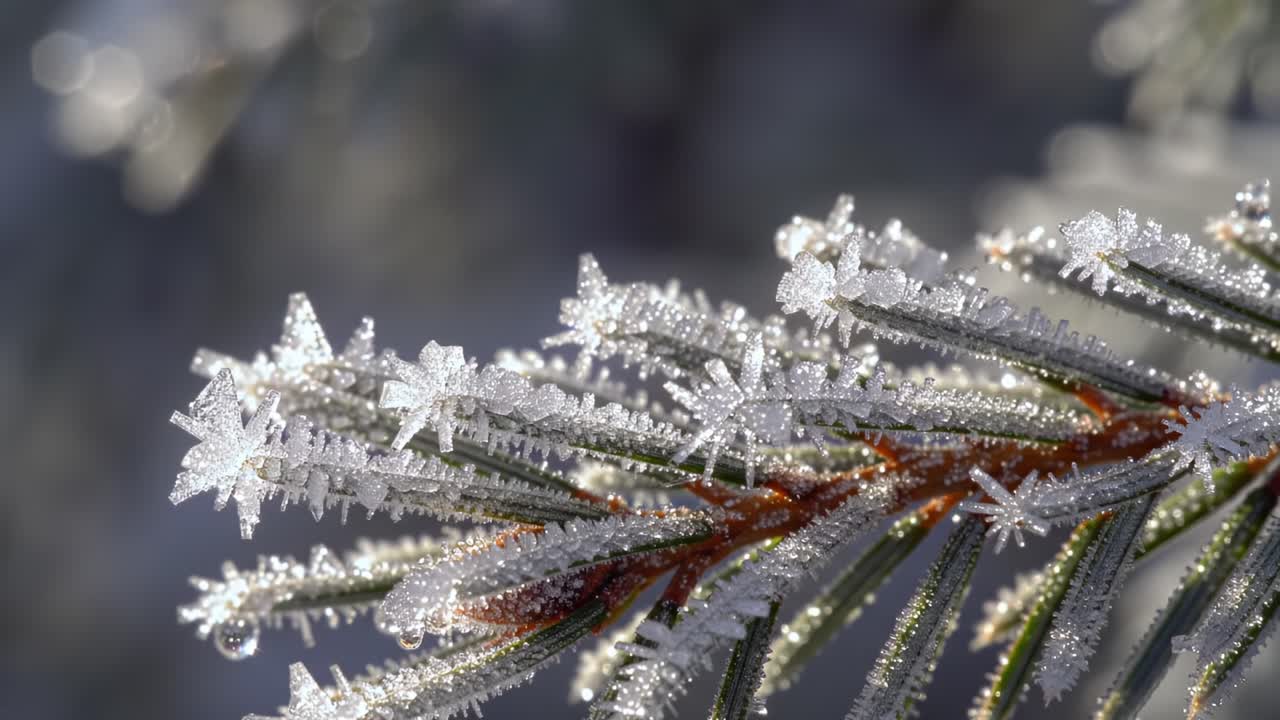Stunning Close-Up of Frosty Pine Needles Glimmering in the Sunlight, Capturing the Beauty of Ice Crystals During Winter Season