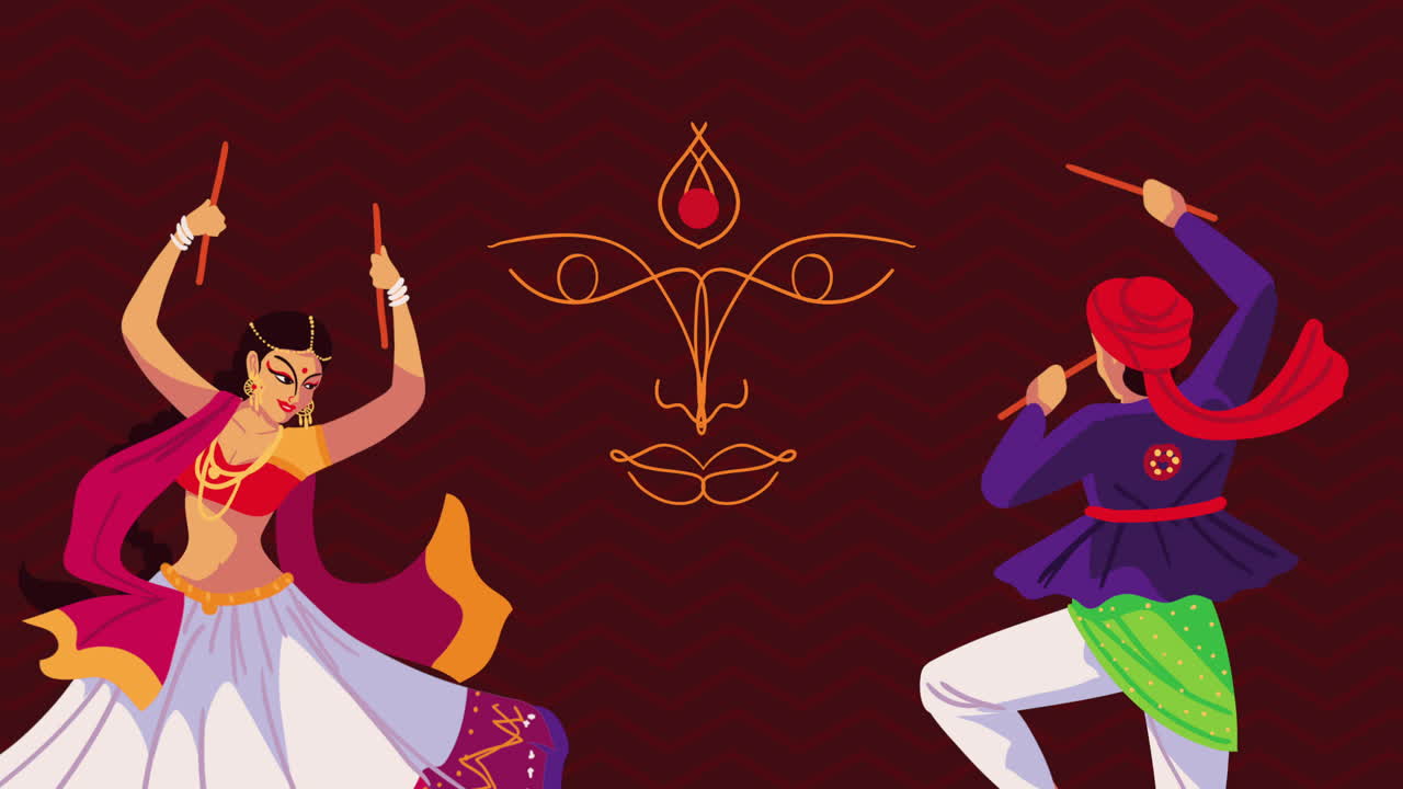 feliz animación de navratri con la pareja de bailarines