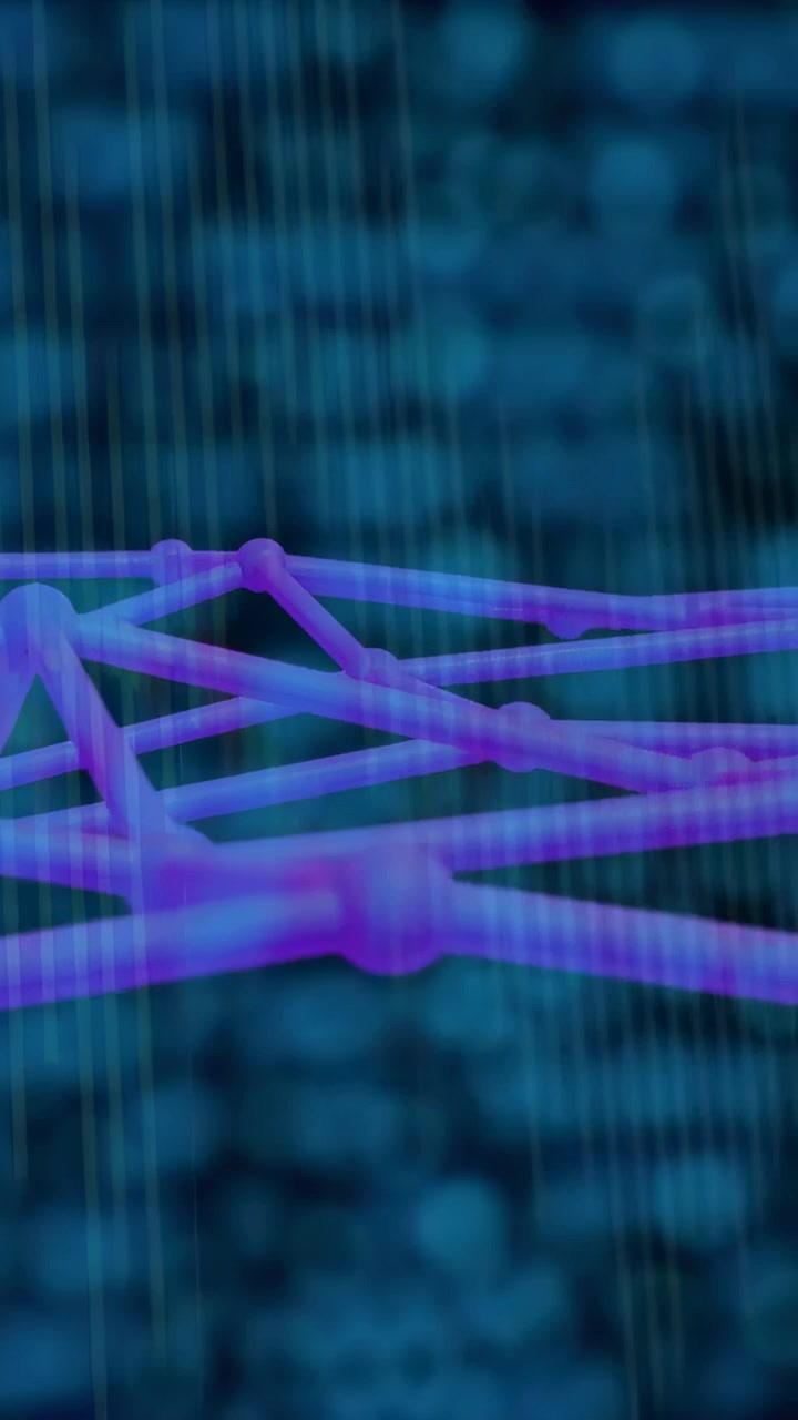 Vertical video: Neon lattice rotating as camera panning showing nodes, lines streaming data