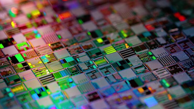 Primo piano di un wafer a semiconduttore in silicio. In elettronica, un wafer, chiamato anche slice o substrato, è una sottile fetta di semiconduttore, un silicio cristallino, utilizzato per la fabbricazione di circuiti integrati