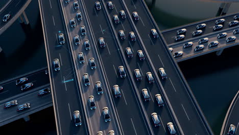 aerial view of futuristic self-driving car traffic on a multi-lane highway