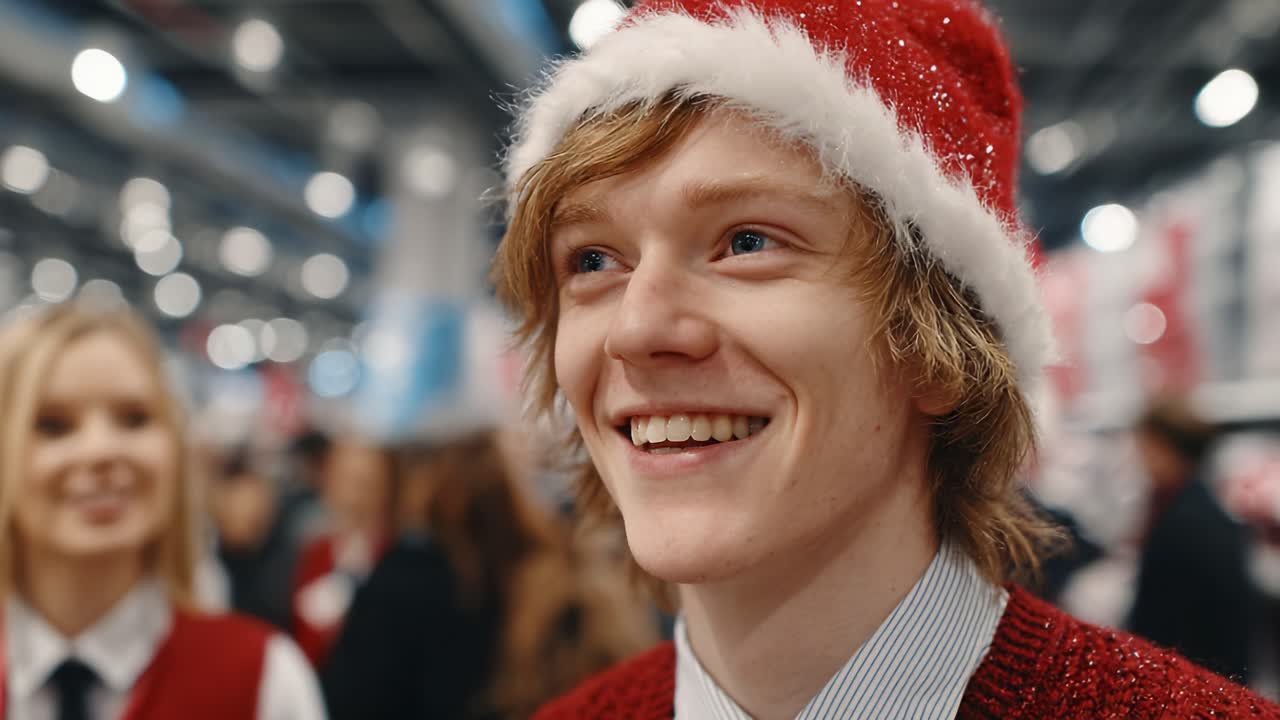 A Joyful Young Man in a Festive Santa Hat Smiling in a Busy Holiday Environment During a Seasonal Celebration
