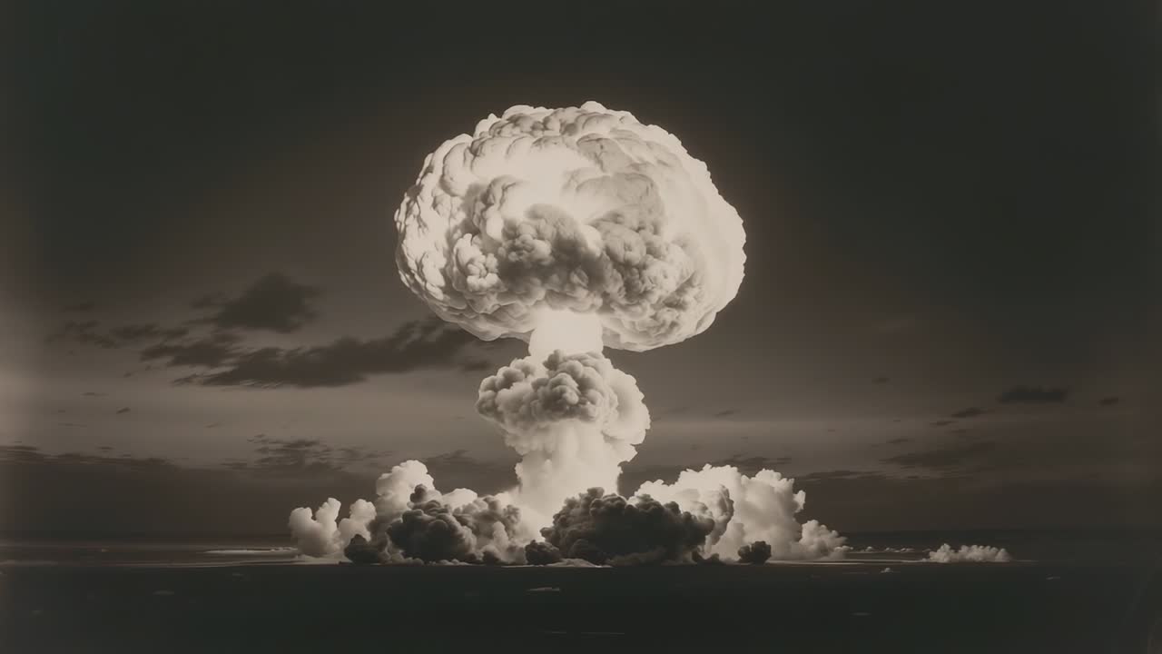 Gas column bursting from ocean following nuclear blast, mushroom cloud expanding over horizon line