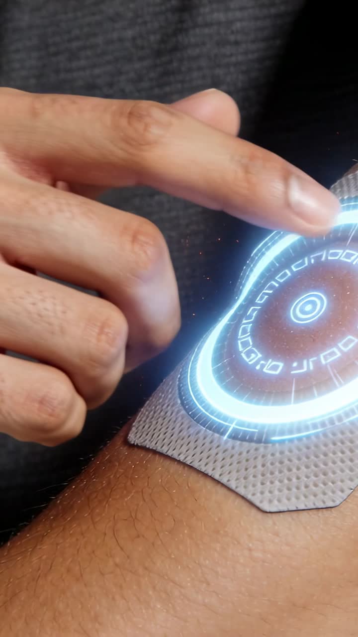 Man sweeping palm over arm patch for health, activating lit ring, tapping revealing settling rings