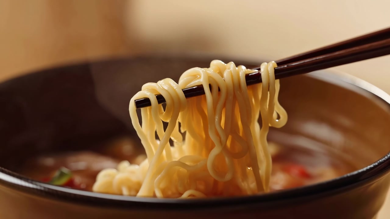 Tagliatelle ramen fumanti sollevate con le bacchette in una ciotola di ceramica, brodo ricco e vapore visibile, caldo dorato.