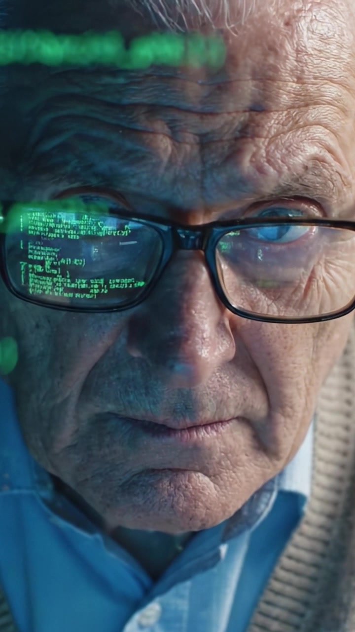An elderly man intensely focuses on coding, illuminated by the glow of computer screens displaying complex programming data and digital information.