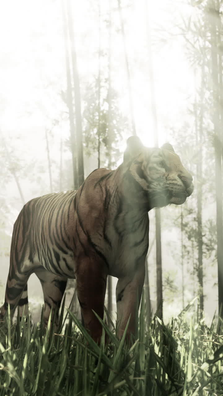 un enorme tigre de bengala busca su presa en un bosque de bambú