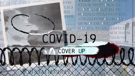 Covid-19 cover up text banner and barber wire over team of surgeons running at hospital