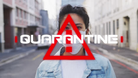 Animation-of-text-quarantine,-over-triangle,-with-woman-in-face-mask-in-city-street