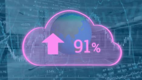 Animation-Einer-Cloud-Mit-Wachsender-Anzahl,-Globus--Und-Finanzdatenverarbeitung-über-Leerem-Büro