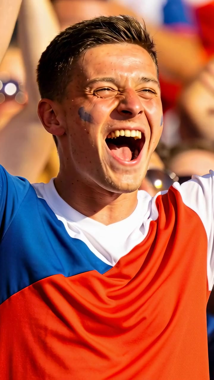 Video vertical: Hombre animando y reaccionando mientras su equipo anota en un estadio, con camiseta roja, blanca y azul y pintura azul.