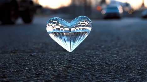 heart-shaped water splash on asphalt at sunset