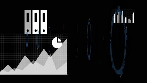 Graph and chart animation over digital data processing elements on black background