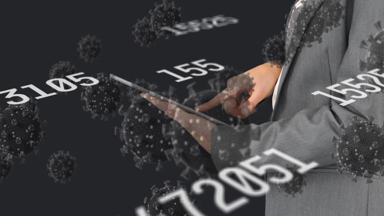 코로나 19 세포와 숫자의 애니메이션은 태블릿을 사용하여 사람에 따라 변화합니다.