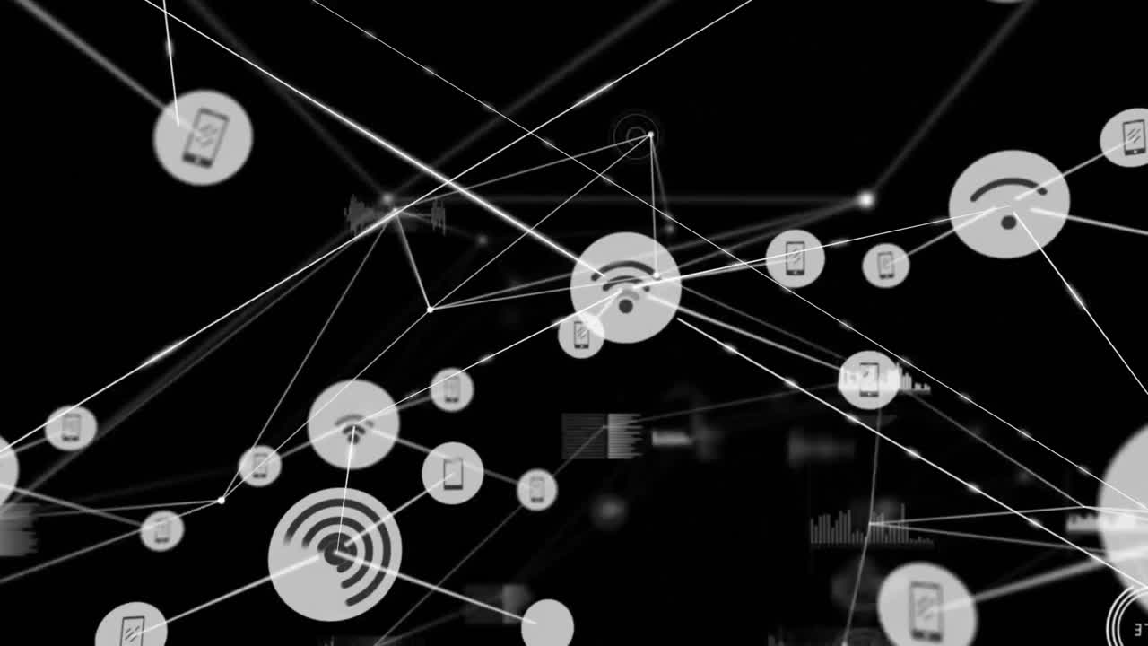 animación de redes de conexiones con iconos sobre fondo negro