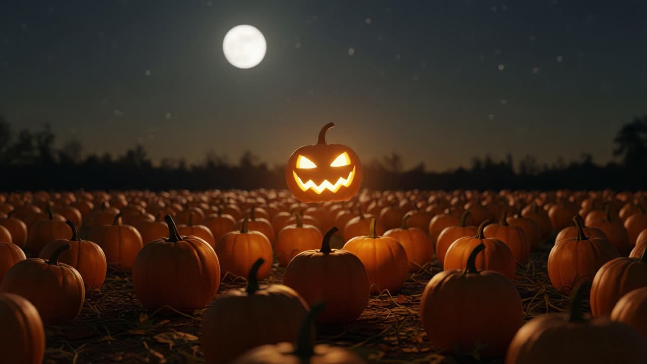 Enchanting Night Scene with Illuminated Jack-O'-Lantern in a Pumpkin Patch Under a Full Moon Embracing the Spirit of Halloween and Autumn Festivals