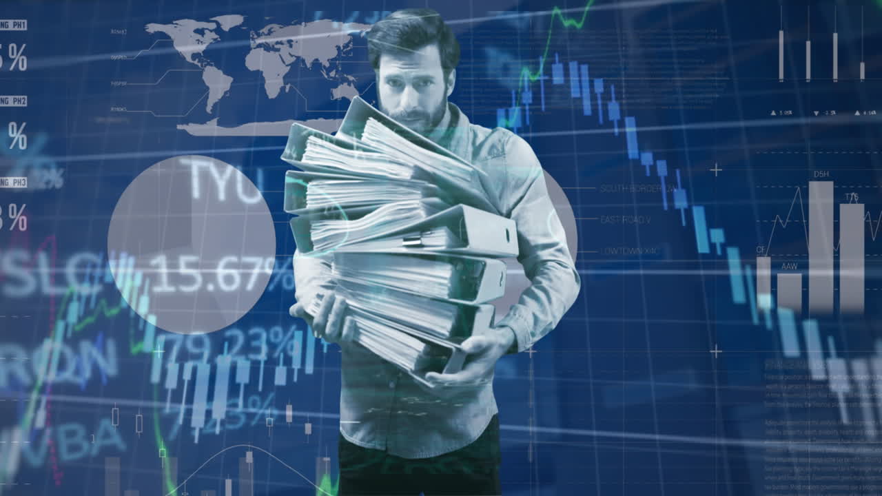 카우카스계 사업가와 금융 데이터 처리 도시 풍경의 애니메이션