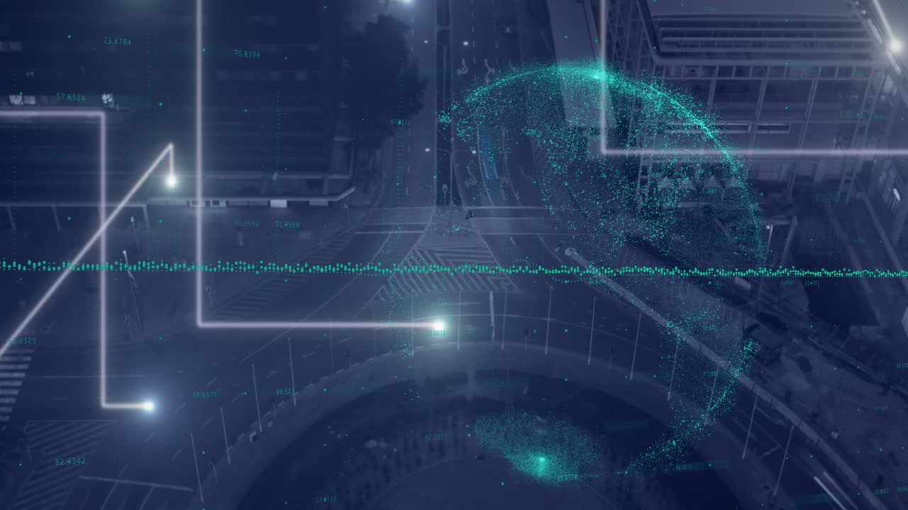 도시 풍경 위의 지구와 데이터의 애니메이션