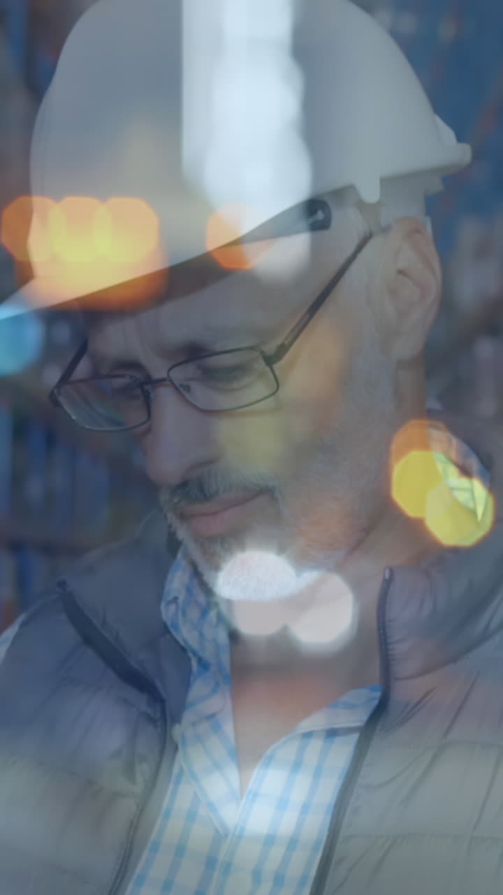 animación del procesamiento de datos sobre un hombre sonriente que trabaja en el centro de envío de almacenes