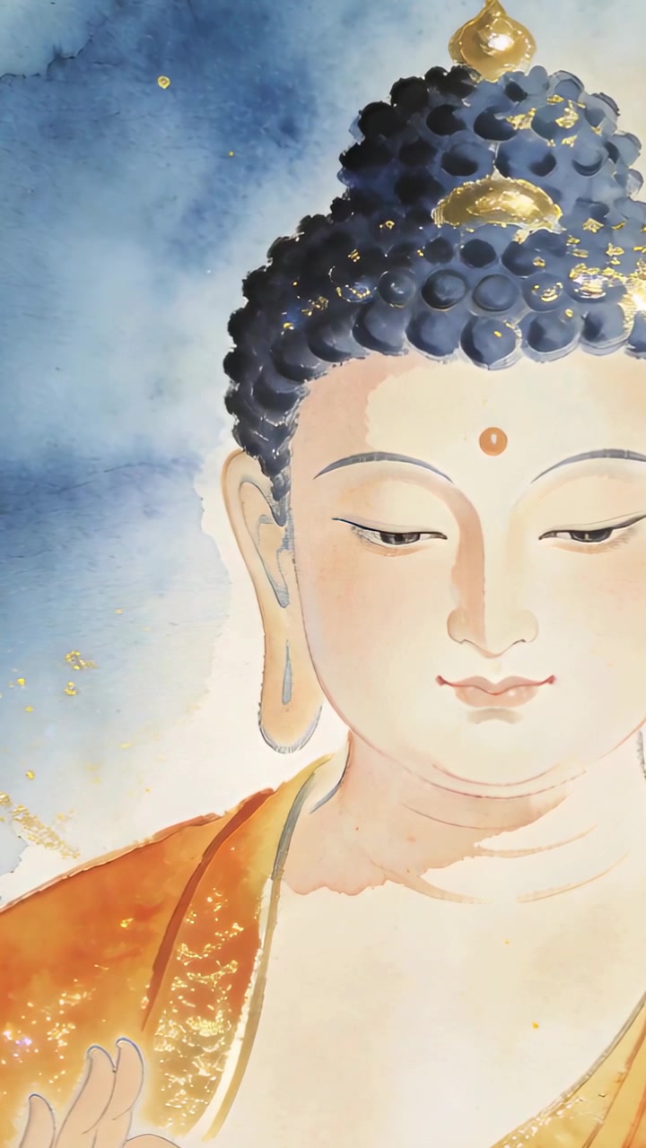 Video verticale: Panoramica della telecamera che mostra un volto di Buddha dipinto e una veste color zafferano sulla parete per evidenziare un bagliore dorato.