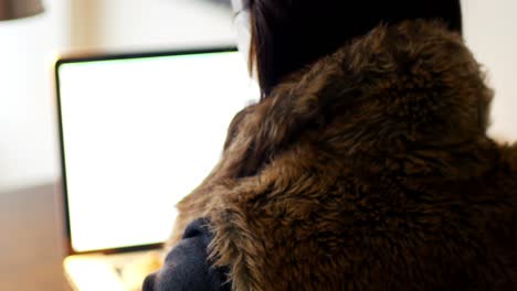 rear view of woman using laptop in living room
