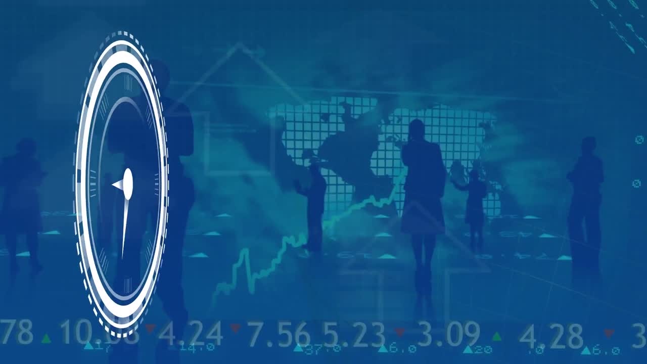 사업가들의 실루을 통해 시계와 증권 시장 데이터 처리의 애니메이션