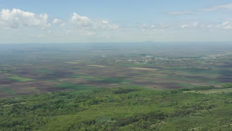 Misty-morning-in-Vojvodina.-Deliblatsko-Sands,-aerial-panorama