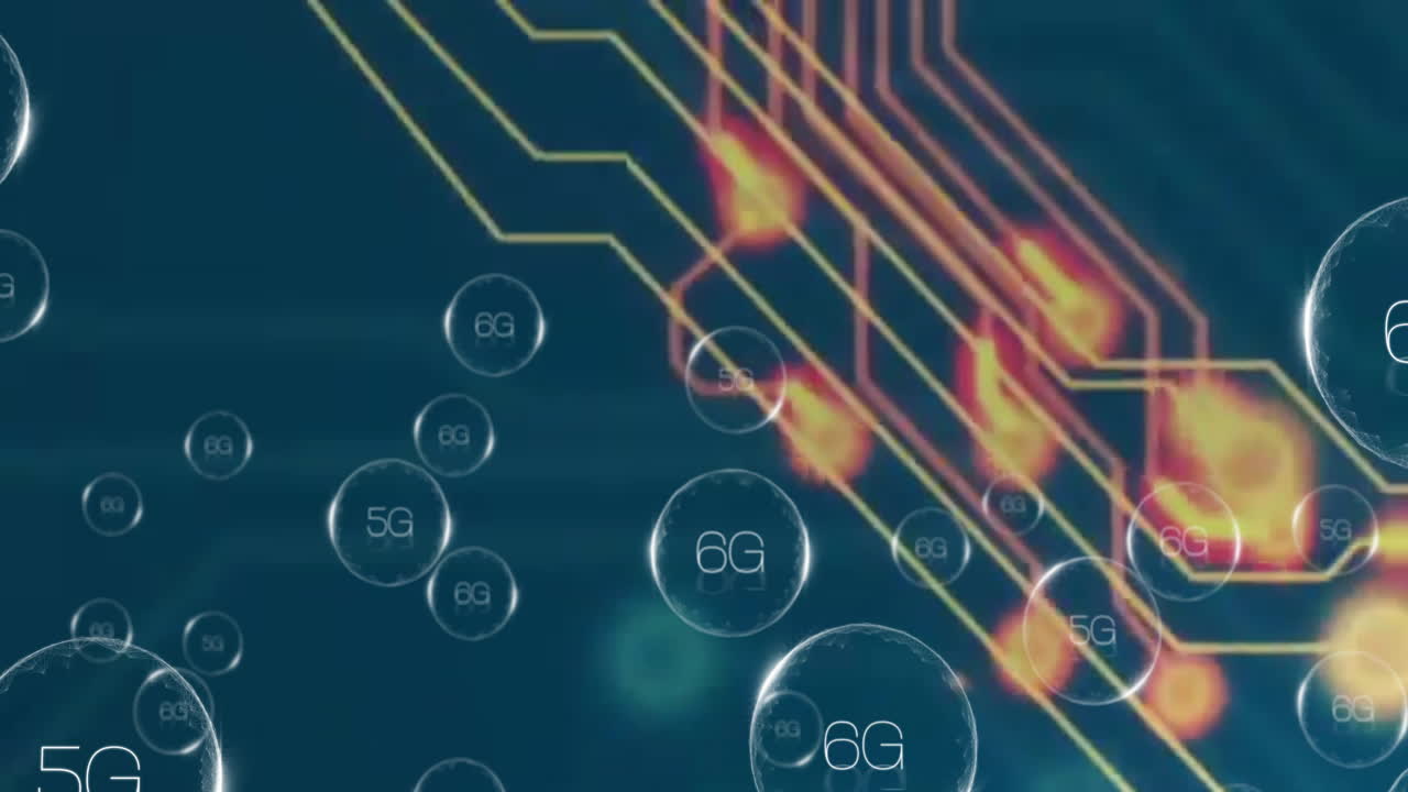 Digital network background with 5G and 6G text and circuit lines animation