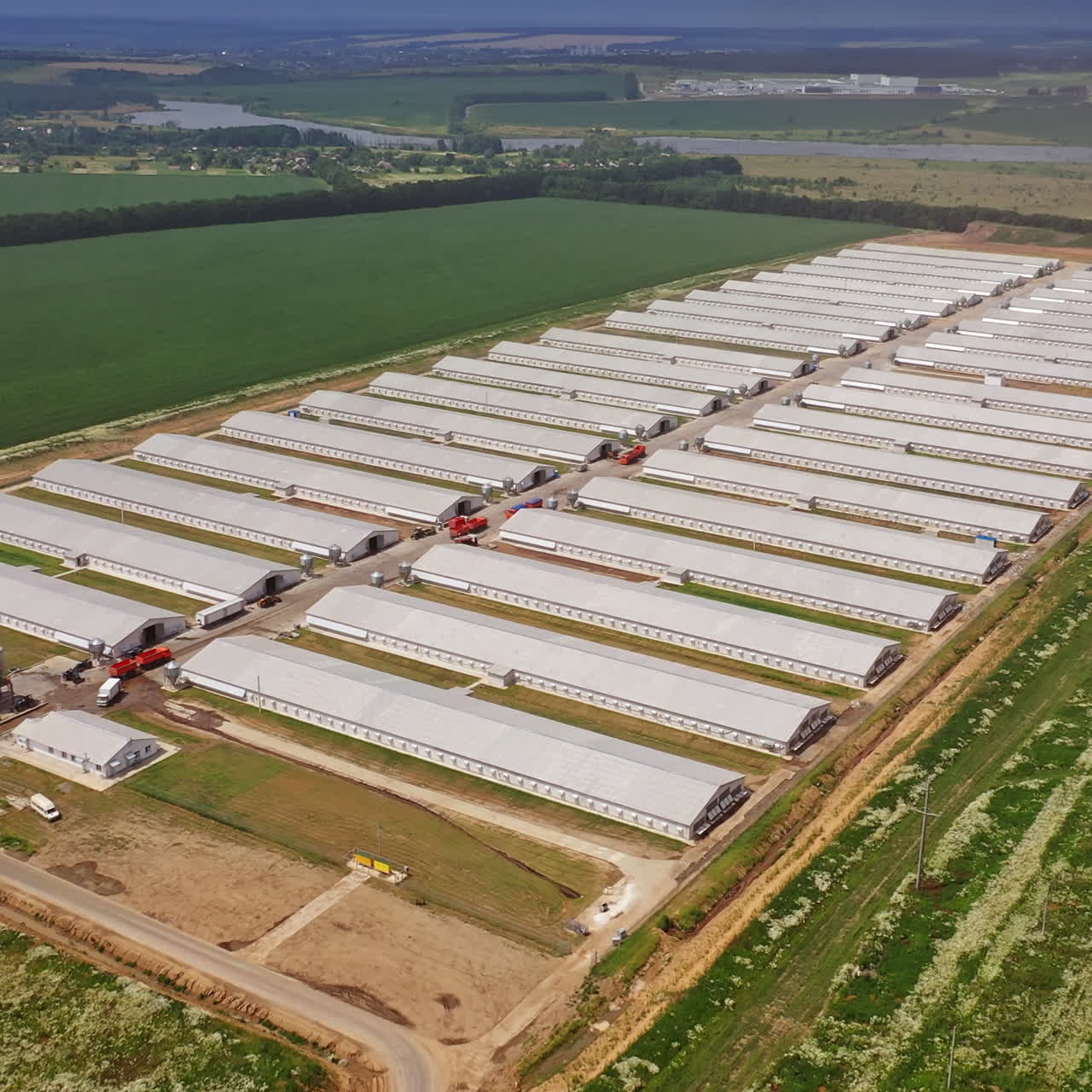 Aerial view of modern chicken houses. New construction area for livestock on the green fields background in rural place.