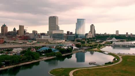 a costal aerial view the city of milwaukee overlooking a small peninsula off of lake michigan.