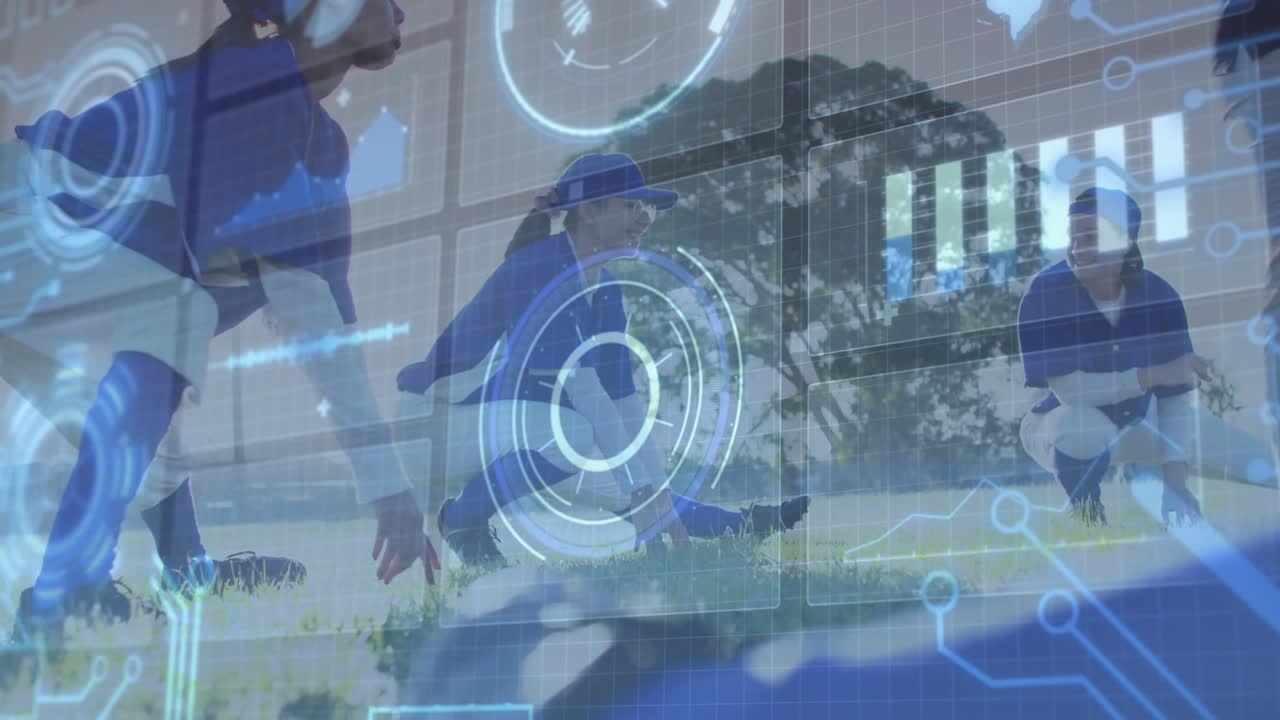 Coach cueing female sports team performing stretches on grass by glass panels, HUD tracking metrics