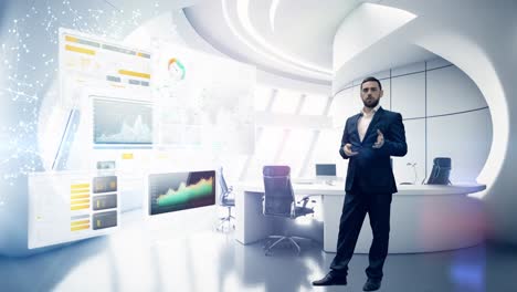 hombre de negocios presentando en una oficina virtual moderna