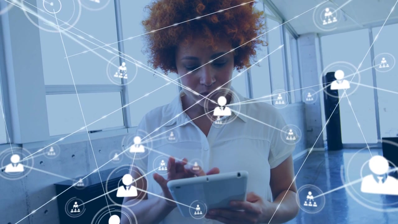 Woman tapping tablet, starting animated user icons expanding network, showing business data links
