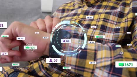 animación de escaneo de alcance sobre iconos de redes sociales y hombre usando reloj inteligente