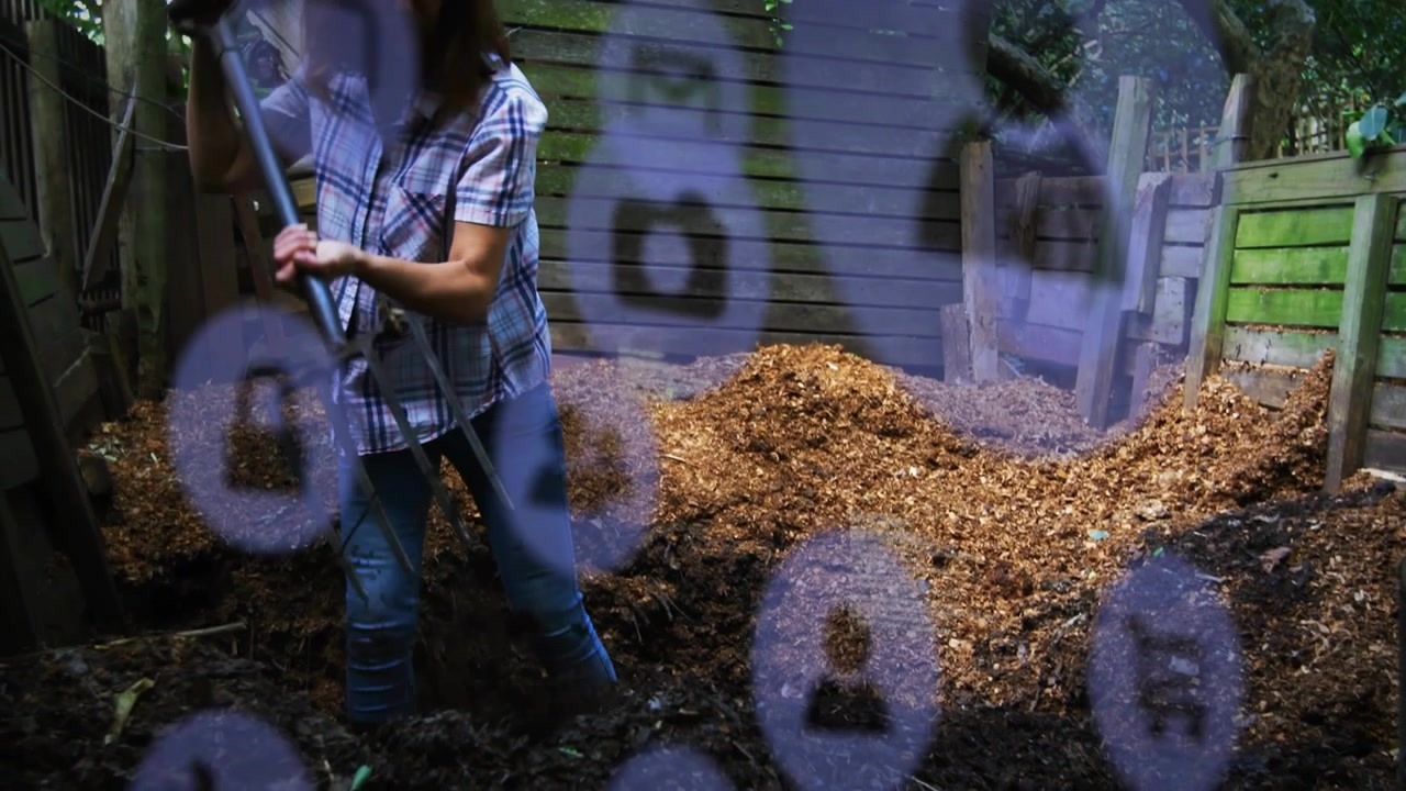 Seeing wood chip pile woman digging compost scooping sample checking readiness purple overlay icons