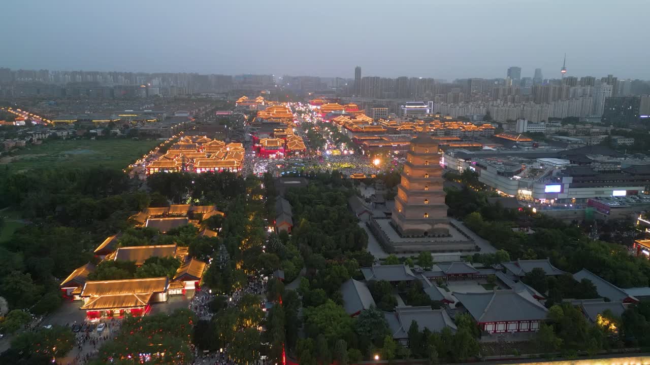 Aerial over Giant Wild Goose Pagoda, an iconic historical landmark situated in the city of Xi'an, Shaanxi Province, China