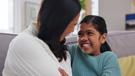 Hug,-family-and-kid-running-to-living-room-sofa