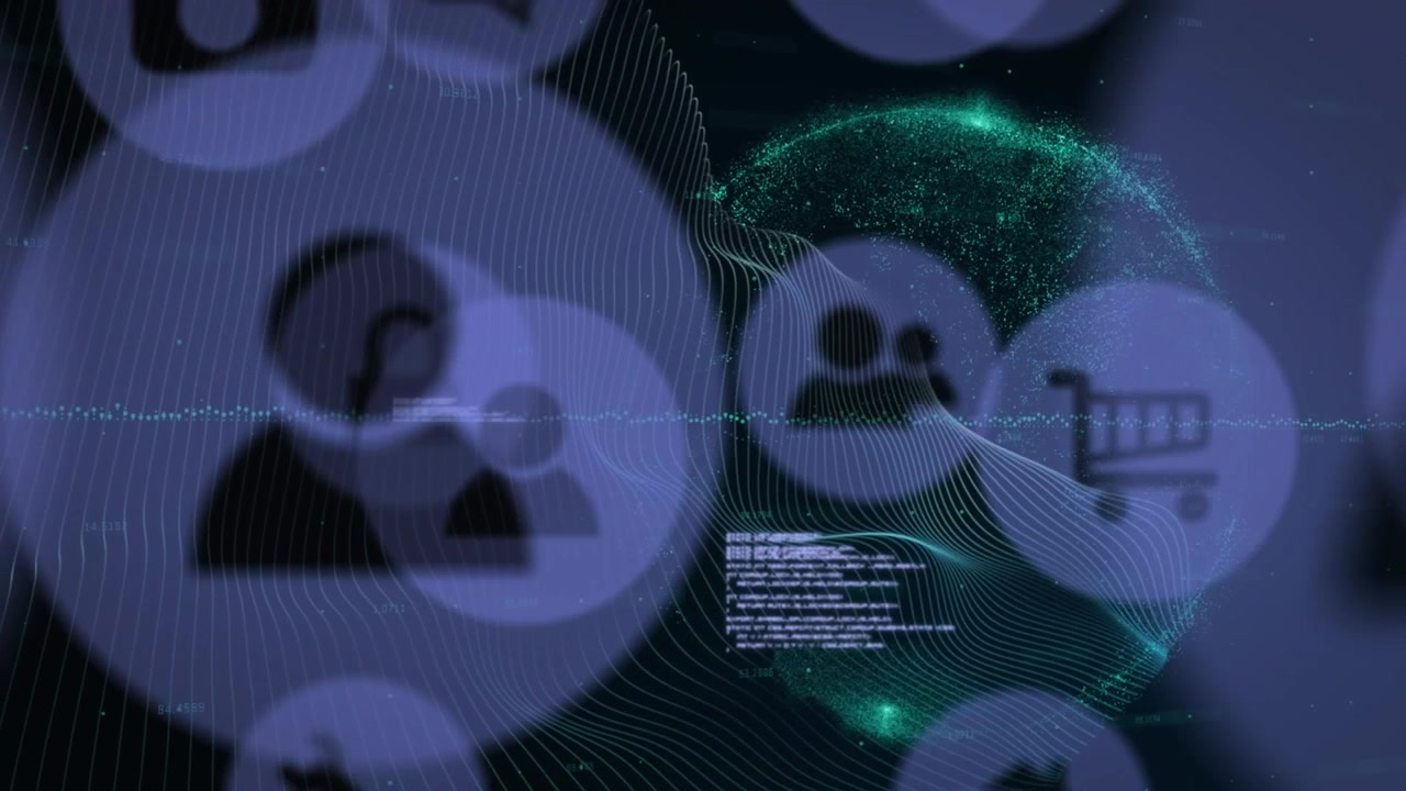 Animation of digital icons and data processing over green digital wave and globe on black background