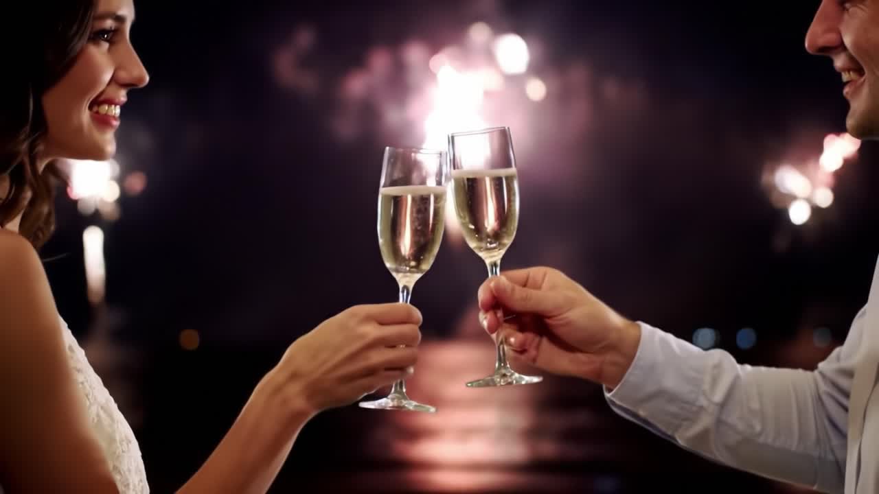 A Couple Celebrating a Special Moment Together as Fireworks Illuminate the Night Sky, Raising Glasses of Champagne in a Romantic Setting by the Water