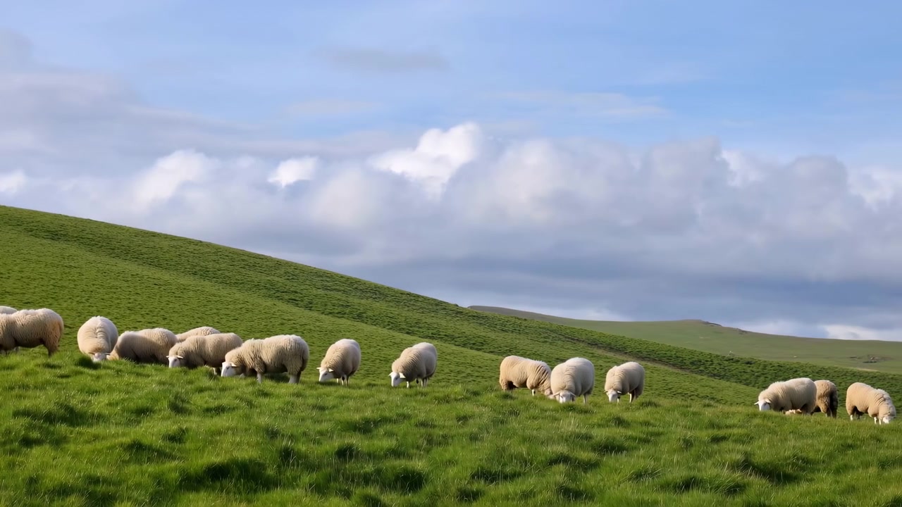 Pecore al pascolo su un fianco di collina verde sotto un cielo blu con nuvole in movimento, una serena scena di pascolo di campagna.