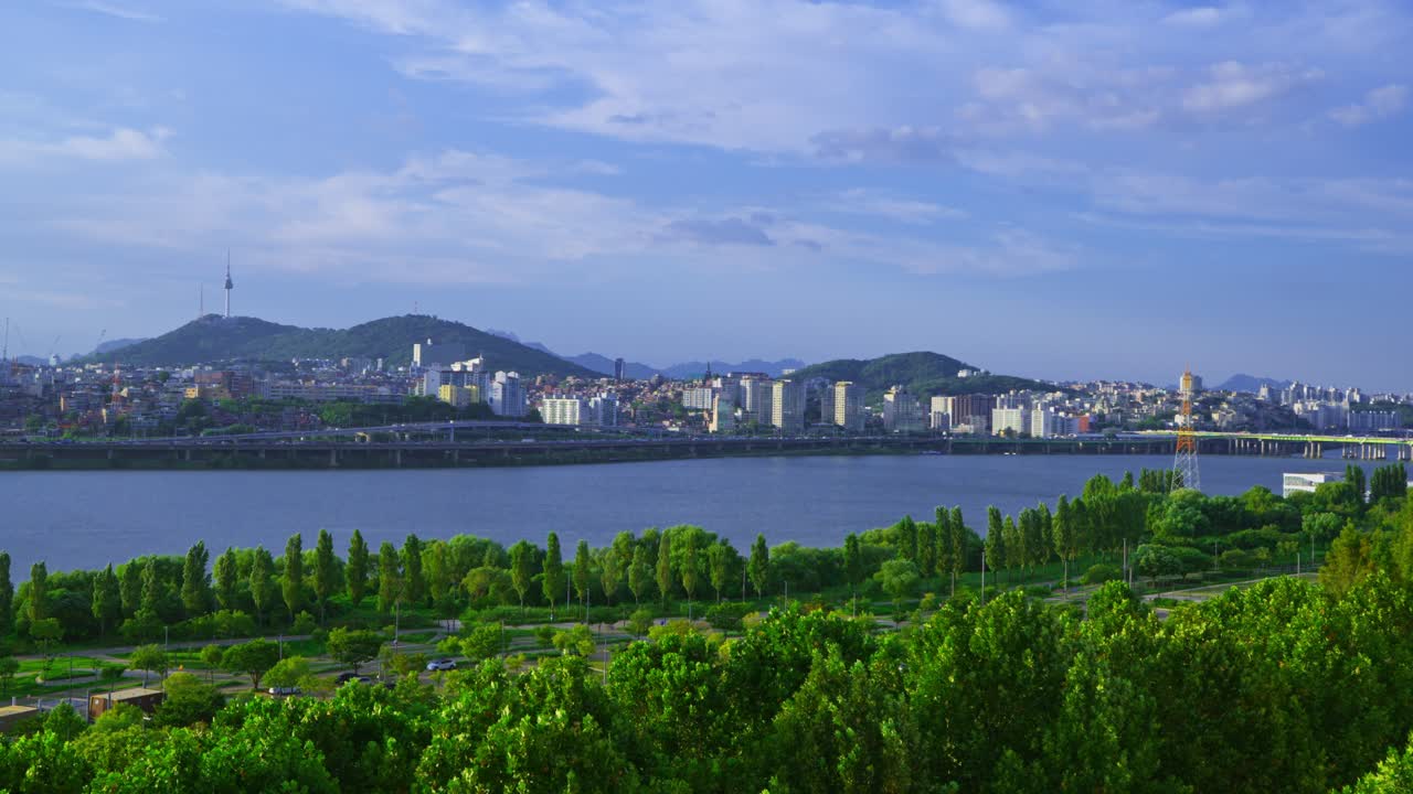 Aerial view of the green Hangang Park, Han River and the Seoul city skyline with Namsan Tower on a bright sunny summer day