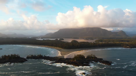 Picturesque-aerial-view-of-Chesterman-beach-Tofino-coastline,-Vancouver-Island