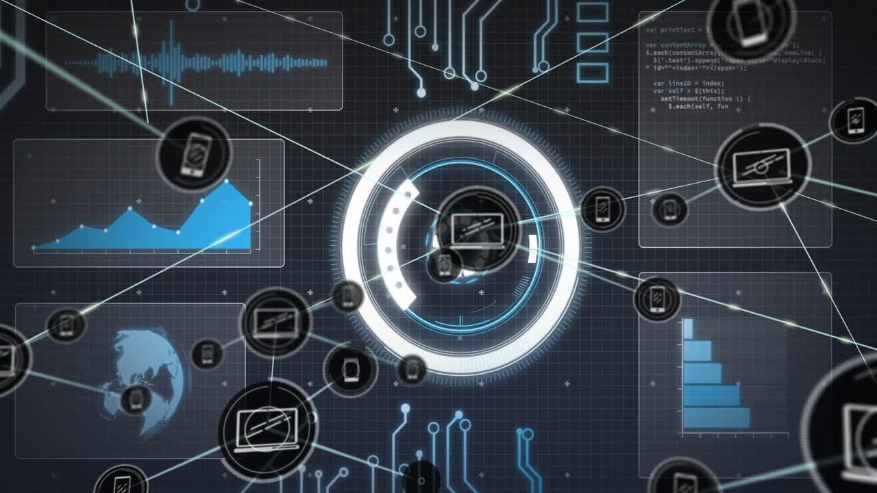 Animation of network of connections with devices icons over scope scanning on black background