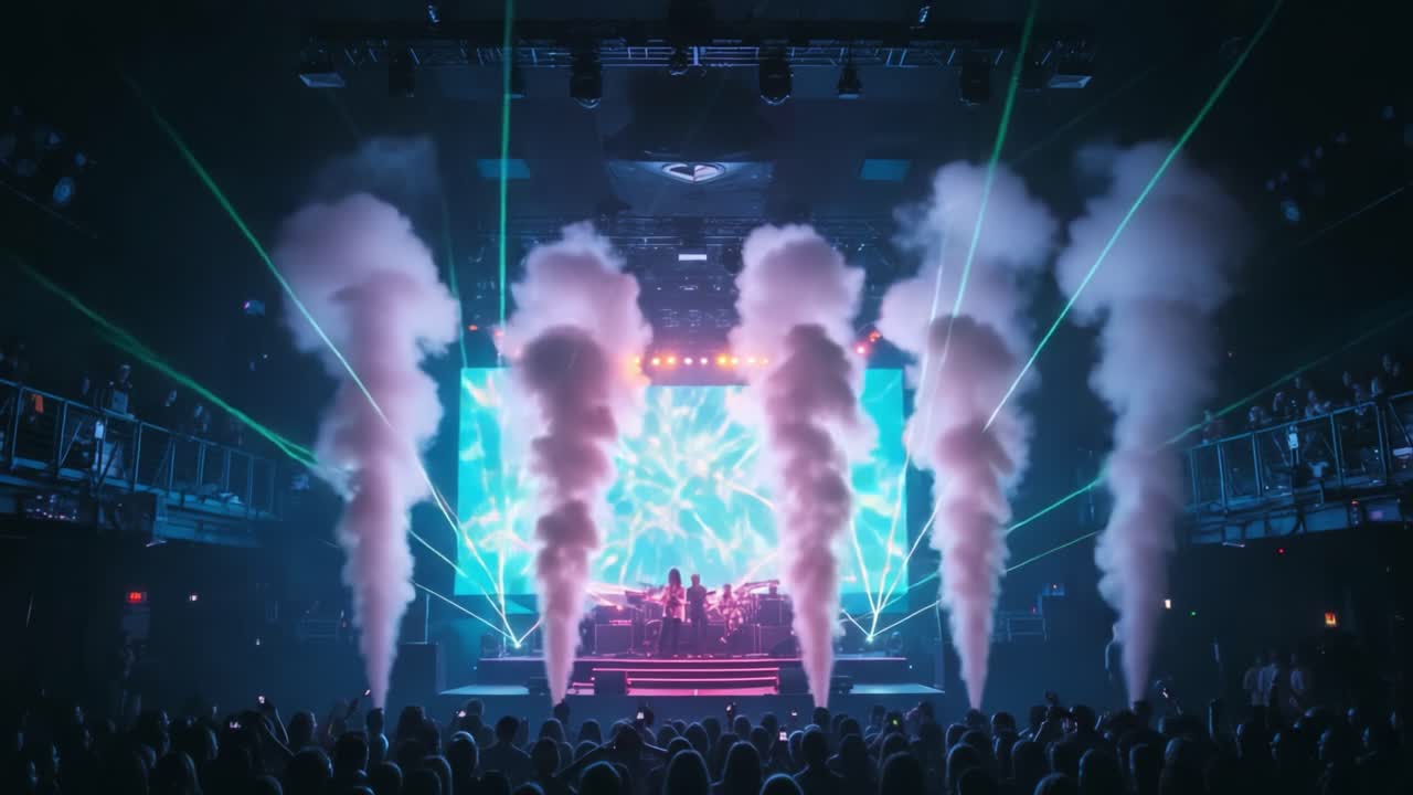 Spectacular Live Concert Performance with Dynamic Laser Shows and Dramatic Smoke Effects Captivating an Enthusiastic Audience in a Vibrant Atmosphere
