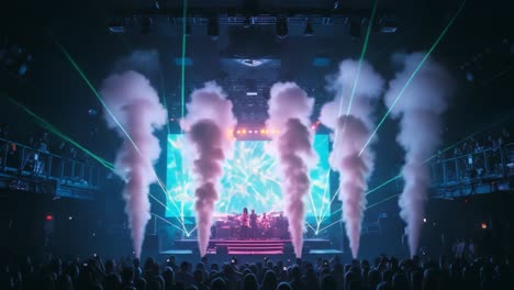 spectacular live concert performance with dynamic laser shows and dramatic smoke effects captivating an enthusiastic audience in a vibrant atmosphere